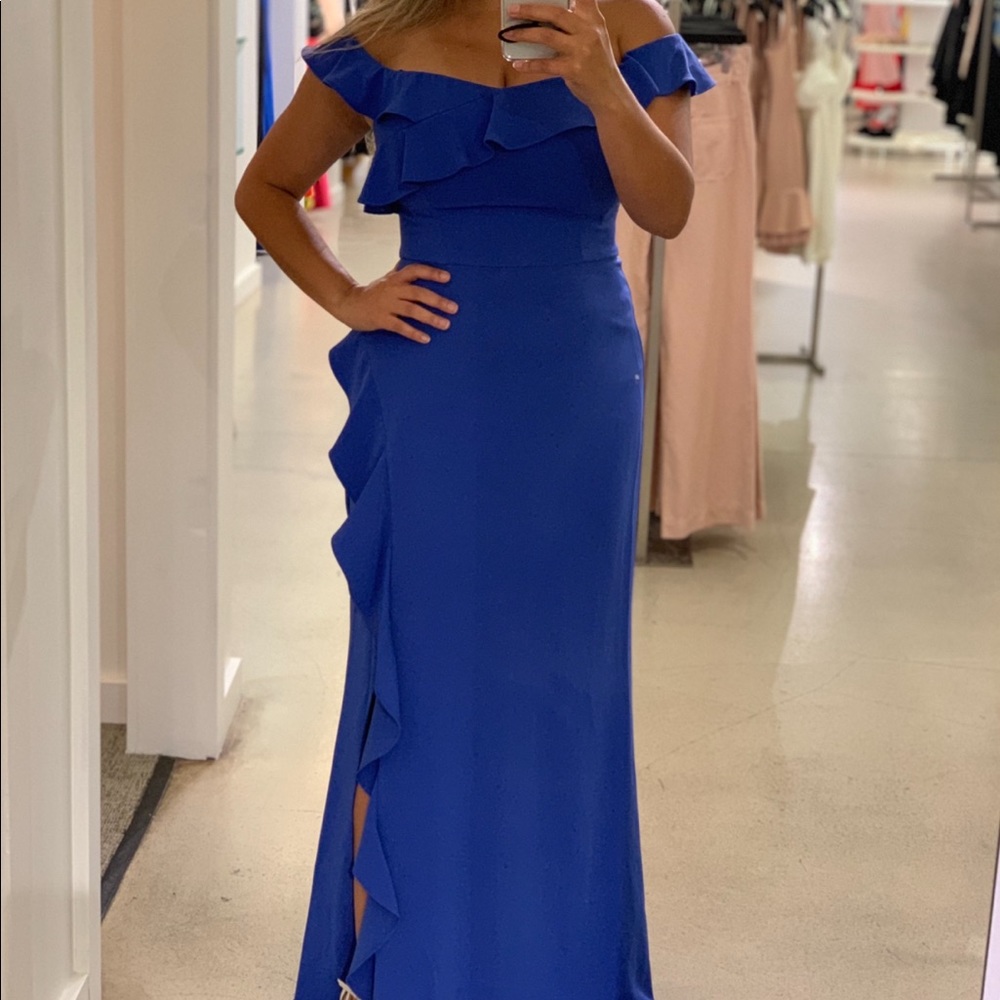 BCBG wedding guest Dress! Vibrant Blue Off the shoulder